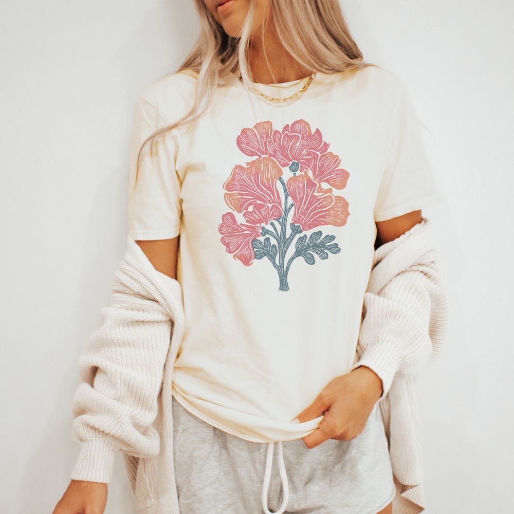 Botanical Flower Stem Graphic Tee Woodcut Art Style Natural